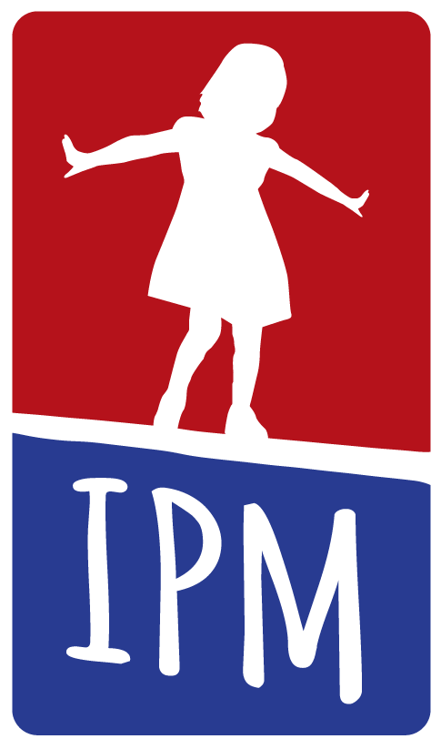 Silhouette of a young girl with arms outstretched above the letters 'IPM' in a logo with a red and blue background.