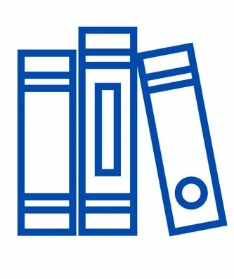 Line art illustration of three books standing upright, with one leaning slightly to the right.