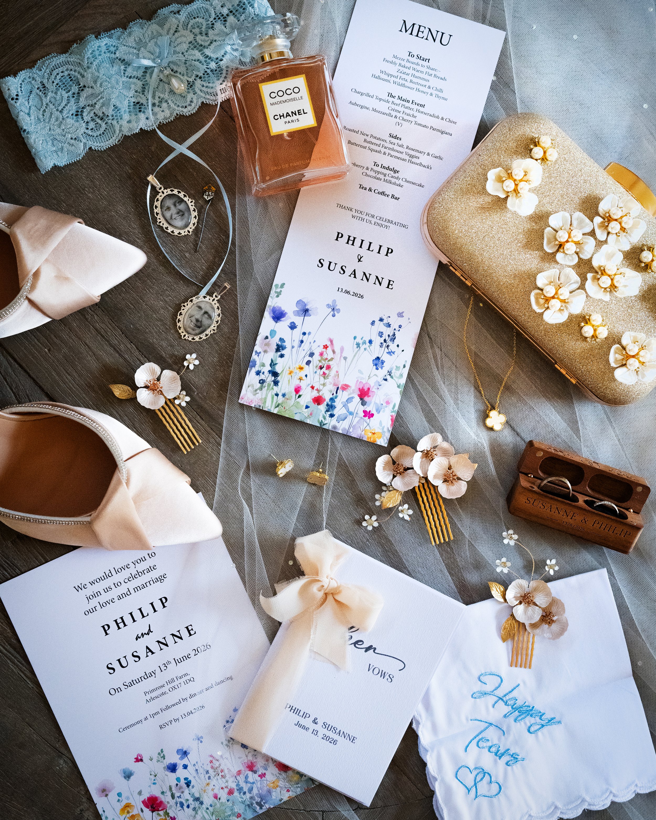 Bridal flatlay, wedding details