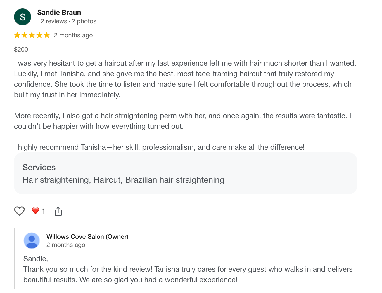 Online review for a hairstylist named Tanish, praising her for hair straightening and Brazilian hair straightening services, with a response from the salon owner.
