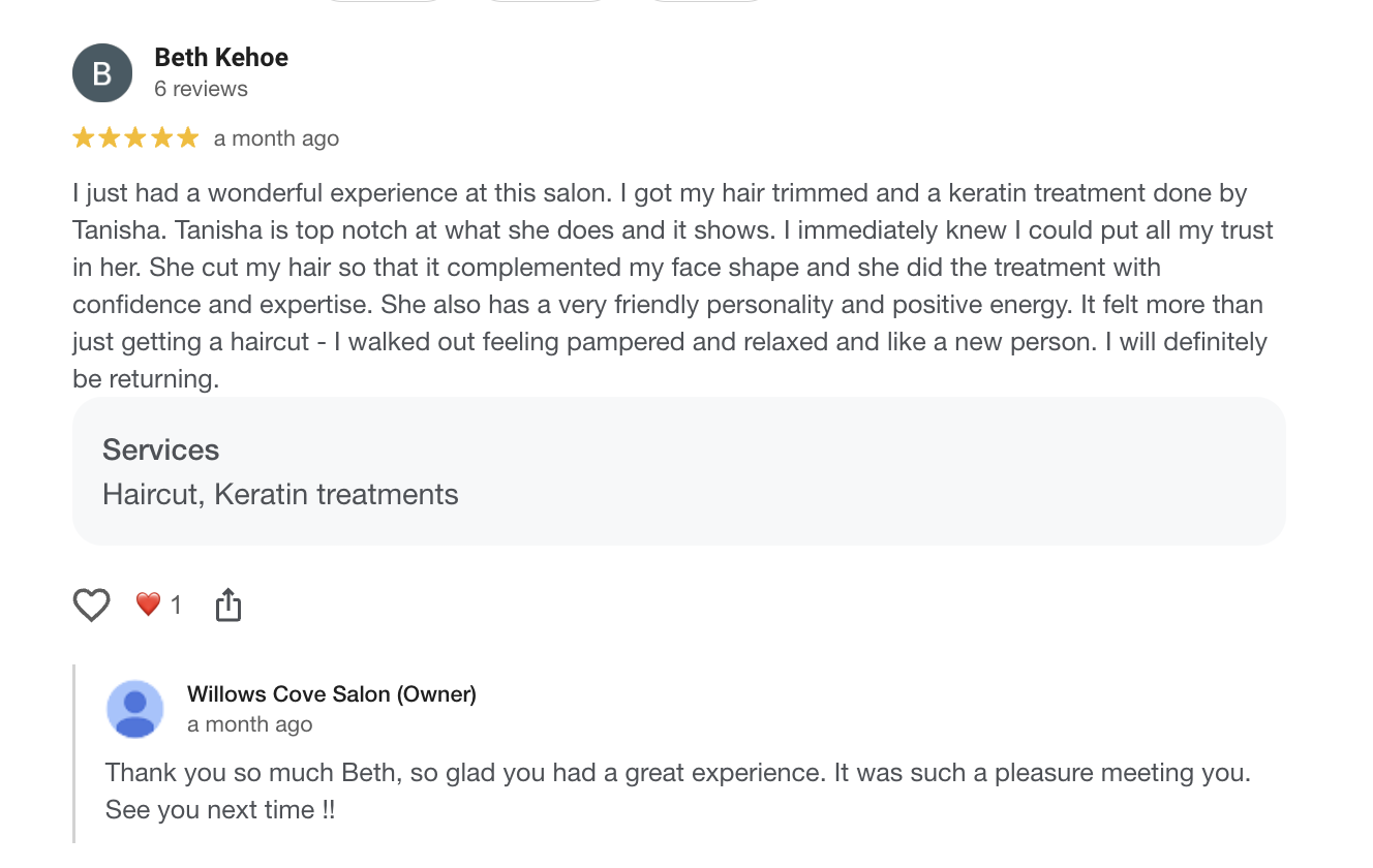 Customer review on a salon's website praising hairdresser Tanisha for haircut and keratin treatment, with a response from salon owner Beth Kehoe.
