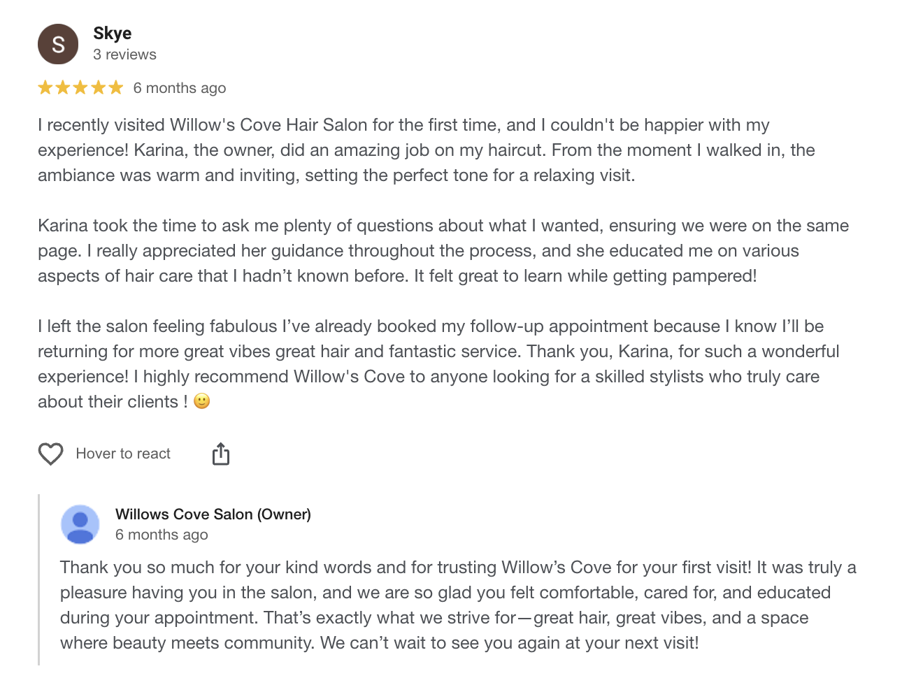 Customer review of Willow's Cove Hair Salon praising the owner, Karina, for a positive experience and recommending the salon.