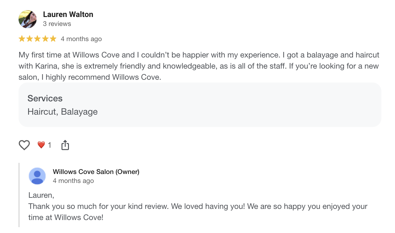 Screenshot of a five-star review from Lauren Walton for Willows Cove Salon. Lauren mentions receiving a balayage and haircut from Karina. The salon owner responds, thanking Lauren for her review.