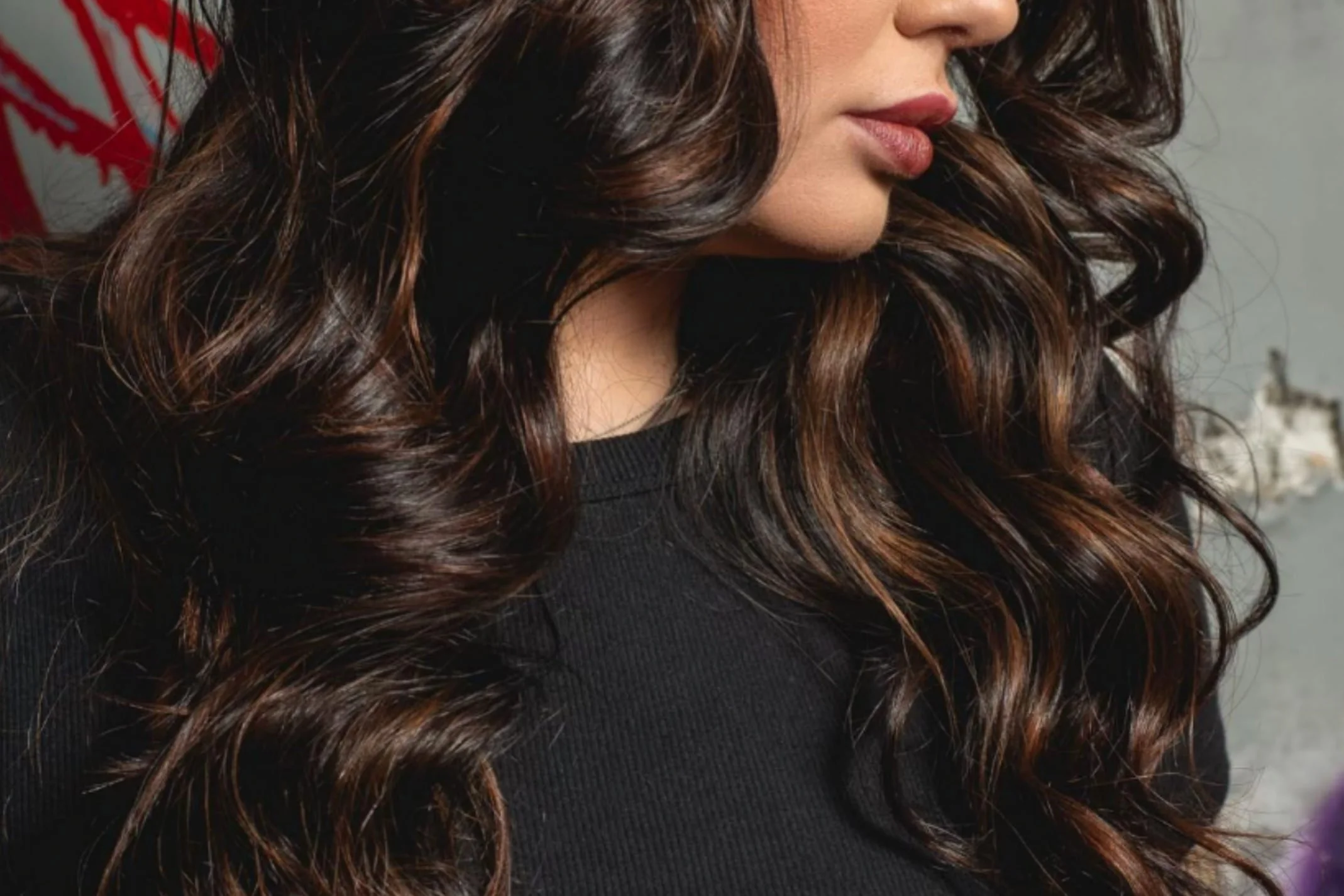 Color in a Flash service result at Willow's Cove Salon in Mineola NY — long dark brown wavy hair with warm caramel dimension and shine