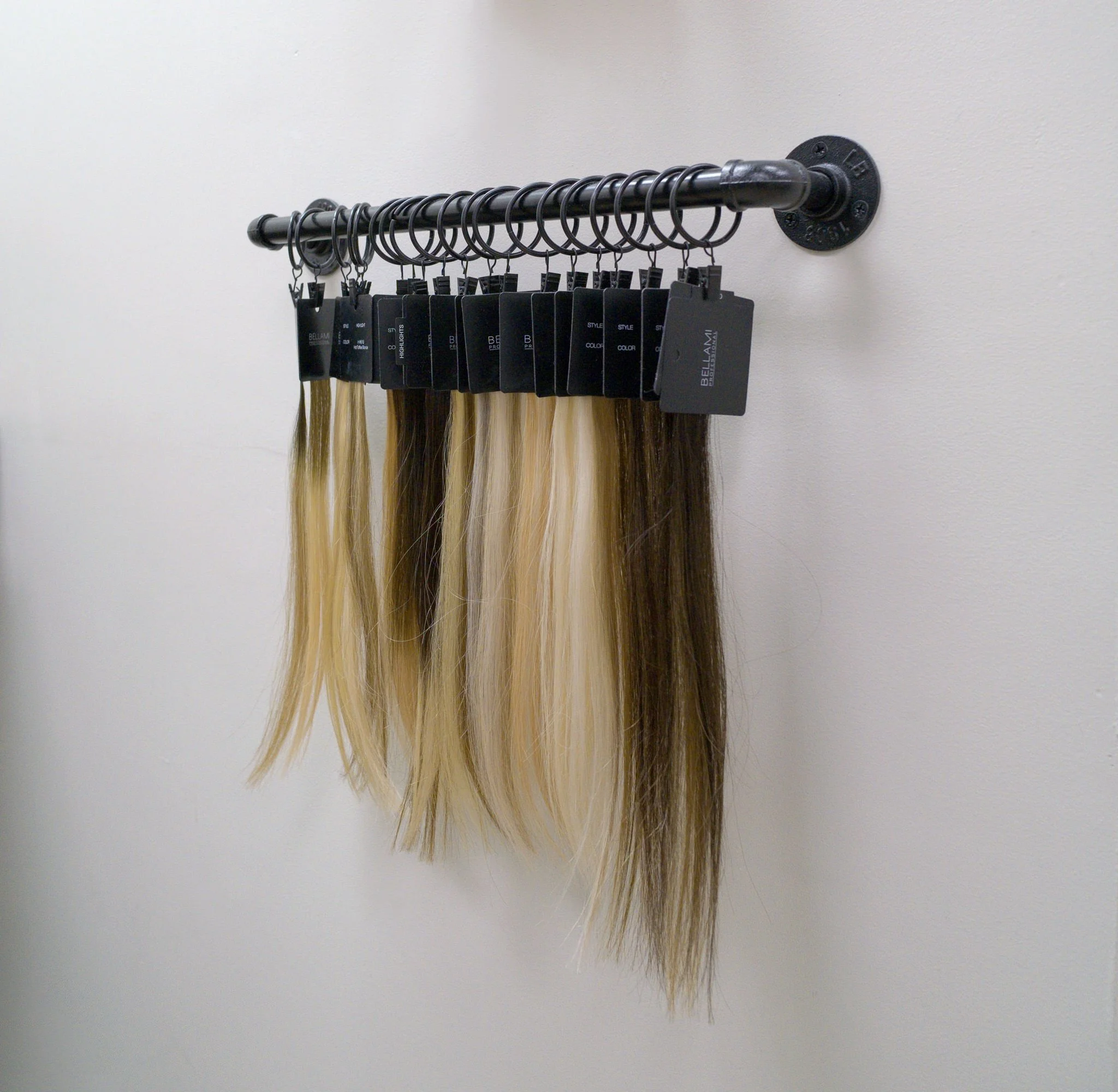 Bellami hair extension color samples for custom color matching consultation at Willow's Cove Salon, expert extensions in Mineola NY