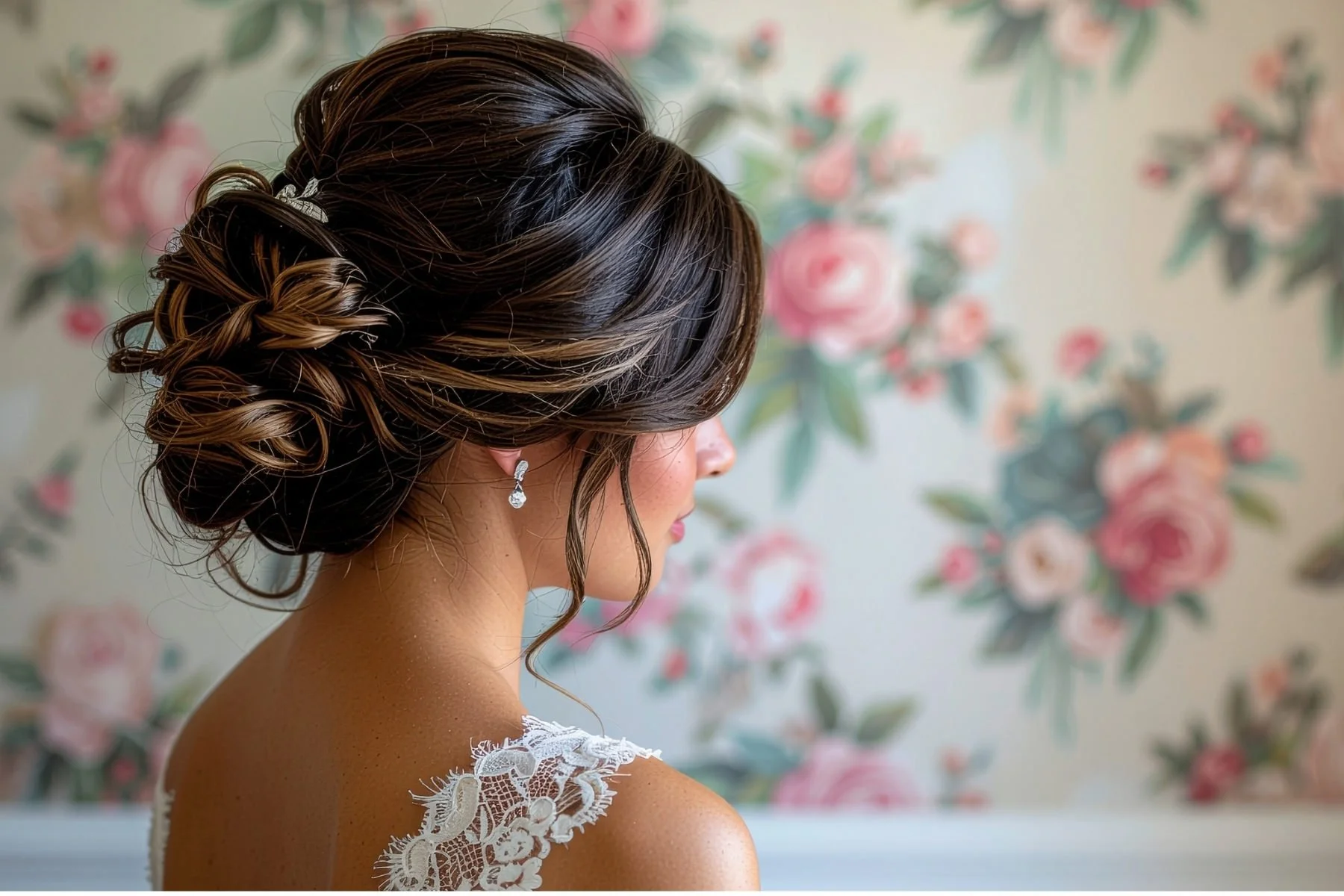 Elegant bridal updo with soft curls and hair accessory at Willow's Cove Salon