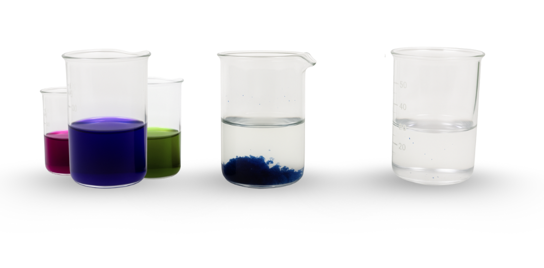 Laboratory glass beakers with colorful liquids and powders arranged in a row on a black background, following the process of separation of dyes.