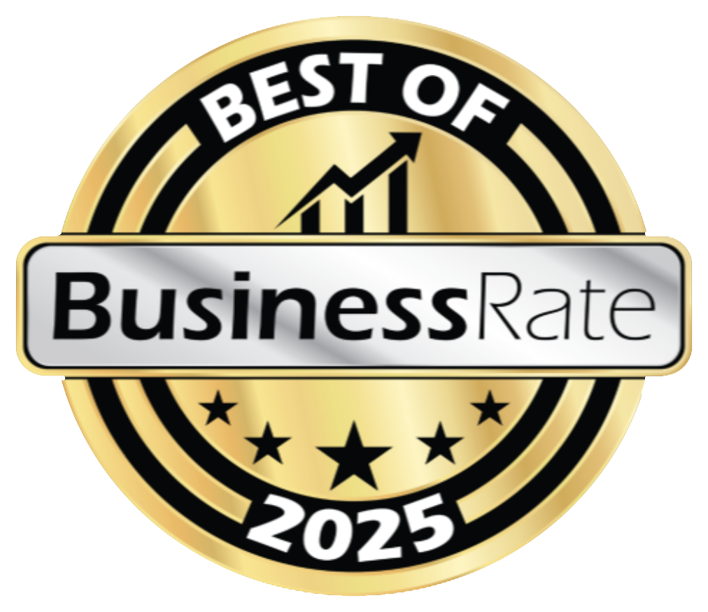 Gold and black badge labeled 'Best of Business Rate 2025' with upward trending graph, stars, and circular design elements.