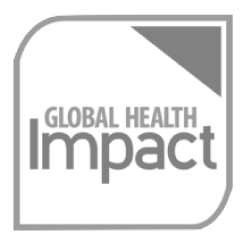 Logo for Global Health Impact with a stylized design in gray and white.