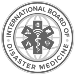 Logo of the International Board of Disaster Medicine, featuring a globe with medical symbols and the organization's name surrounding it.