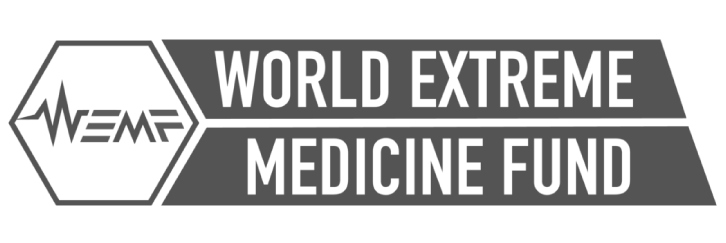 Logo of the World Extreme Medicine Fund featuring a hexagon with a heartbeat line and the acronym WEMF, and the name in bold uppercase letters.