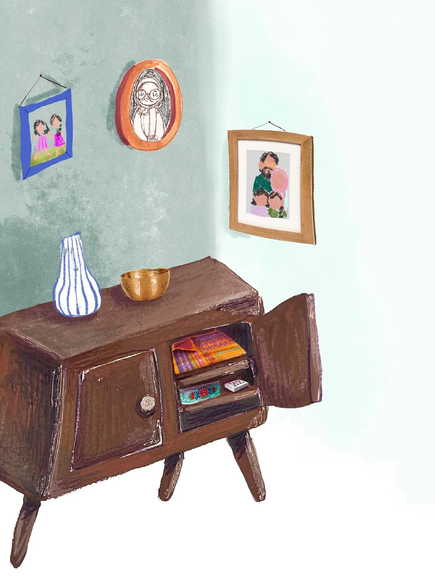 Some illustrations I made for &ldquo;I&rsquo;m Angry! Sad..&rdquo;
This living room corner is one of my favorite illustrations from the book because I got to play around painting with gouache and then collaging other elements digitally. 

What&rsquo;