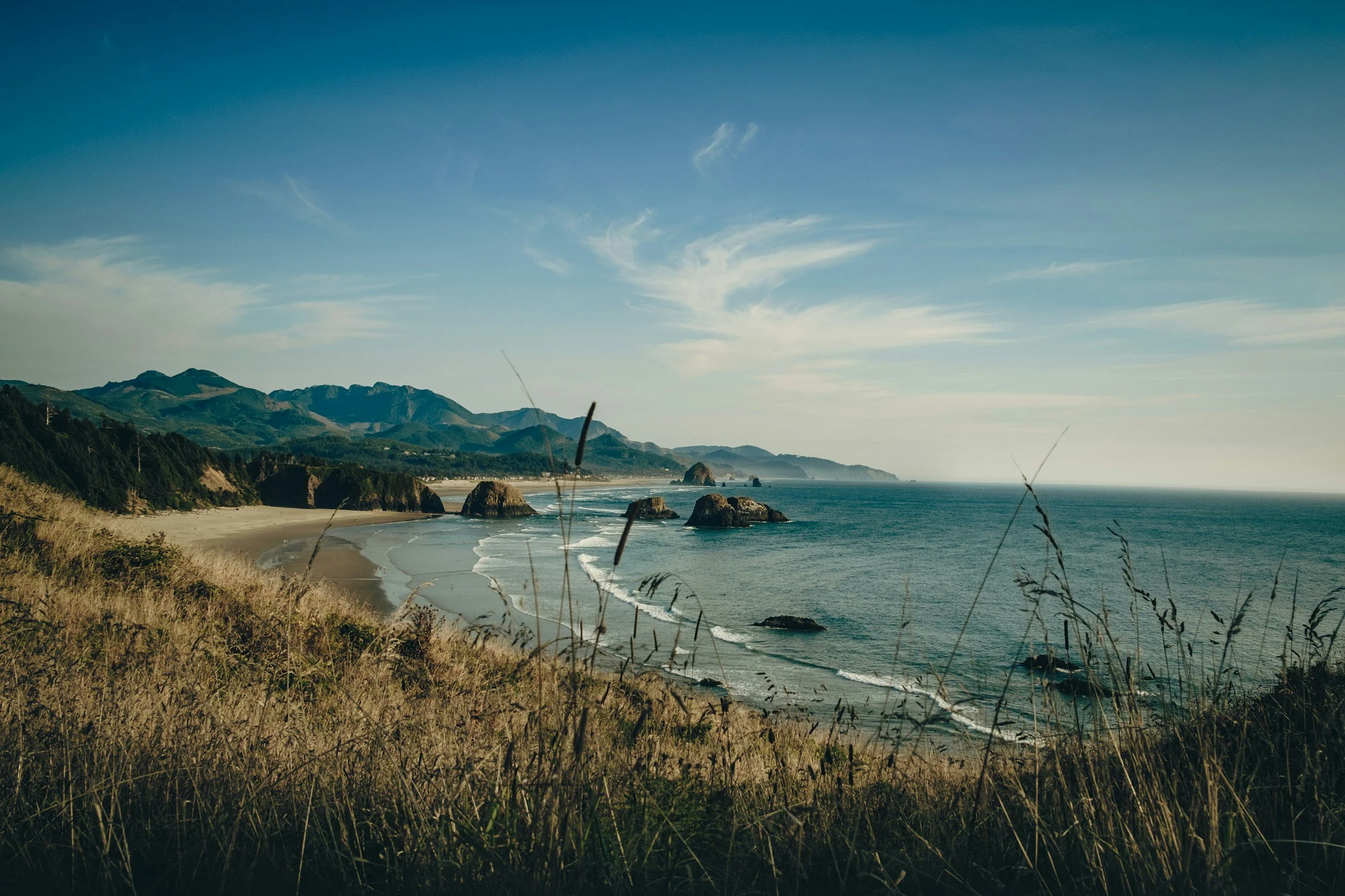 Scenic view of a coastal beach with rocky formations, grassy dunes in the foreground, and mountain range in the background under a partly cloudy sky.