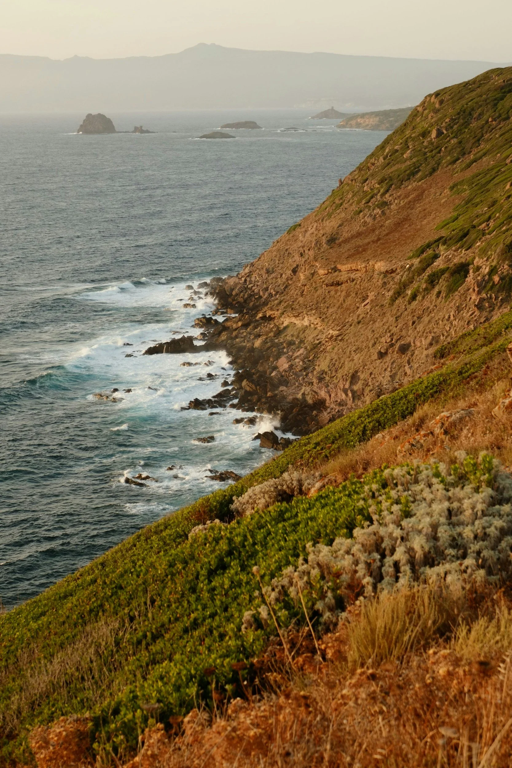 Scenic coastal view of a rugged hillside with green and brown vegetation overlooking the ocean, with rocks in the water and distant land formations.