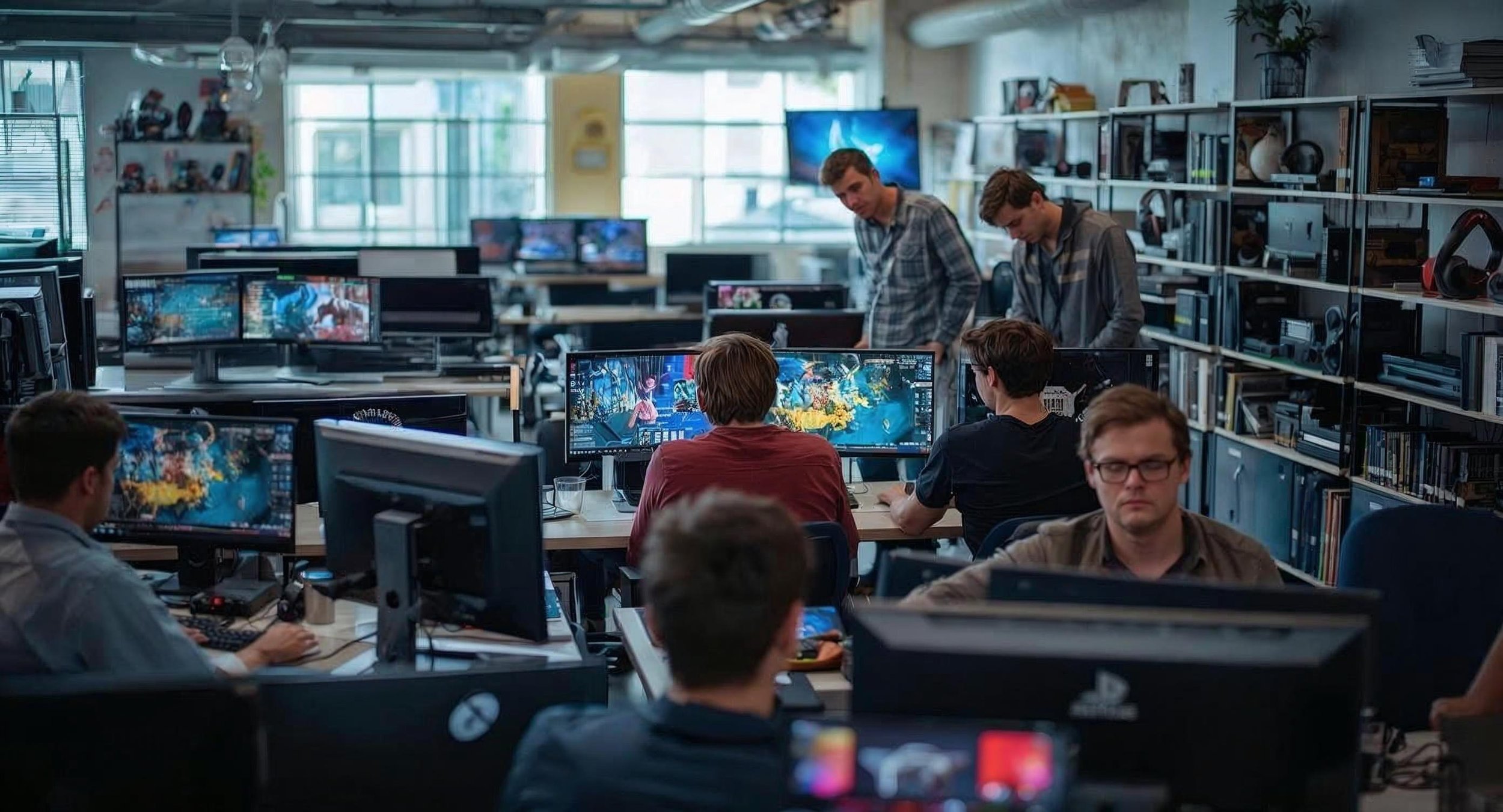 Video Game Engineers, working in a video game development studio.