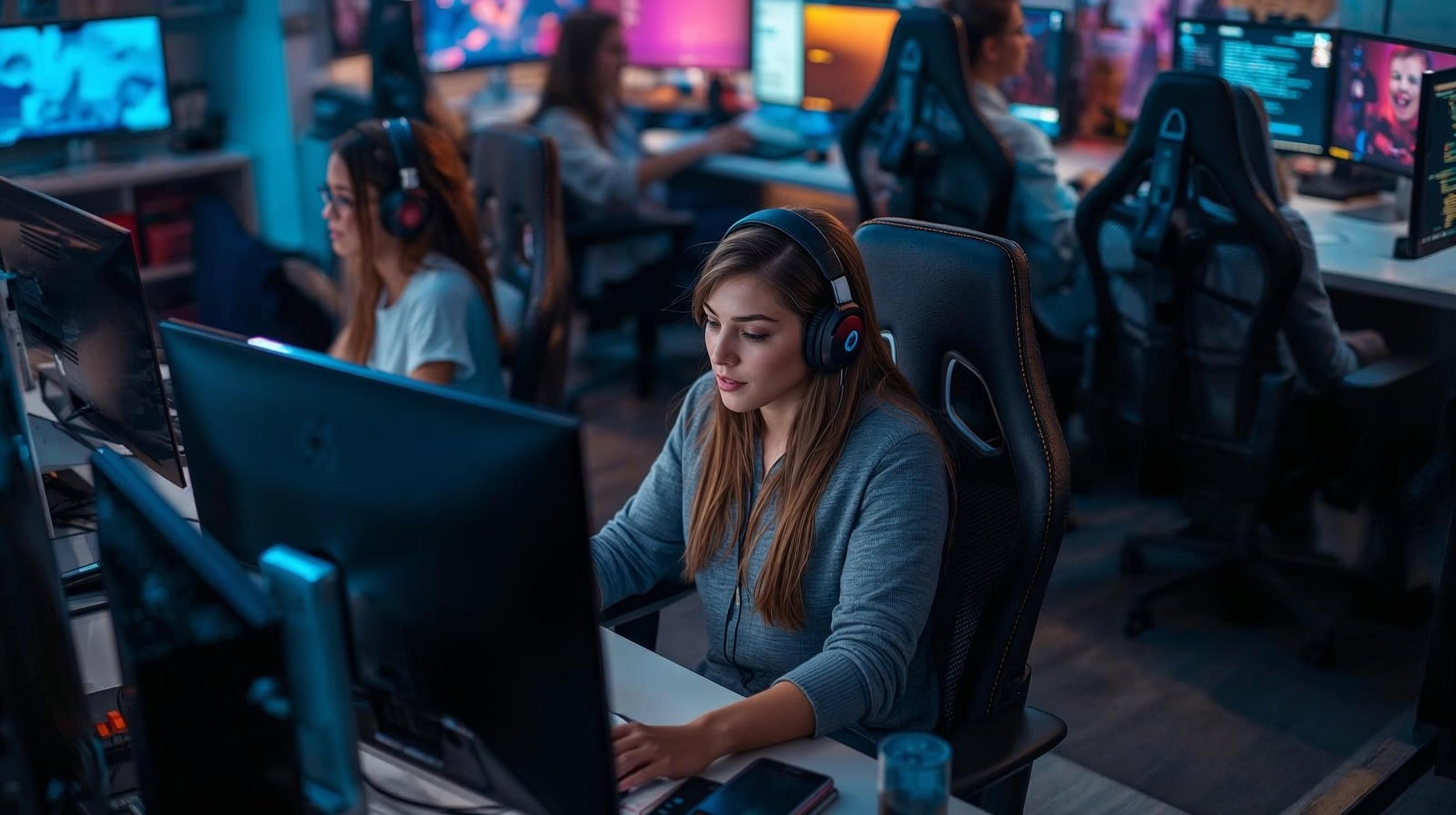 Video Game Designers and Artists working in a Game Dev Studio.