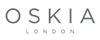 Oskia skincare product logo with black background and white text