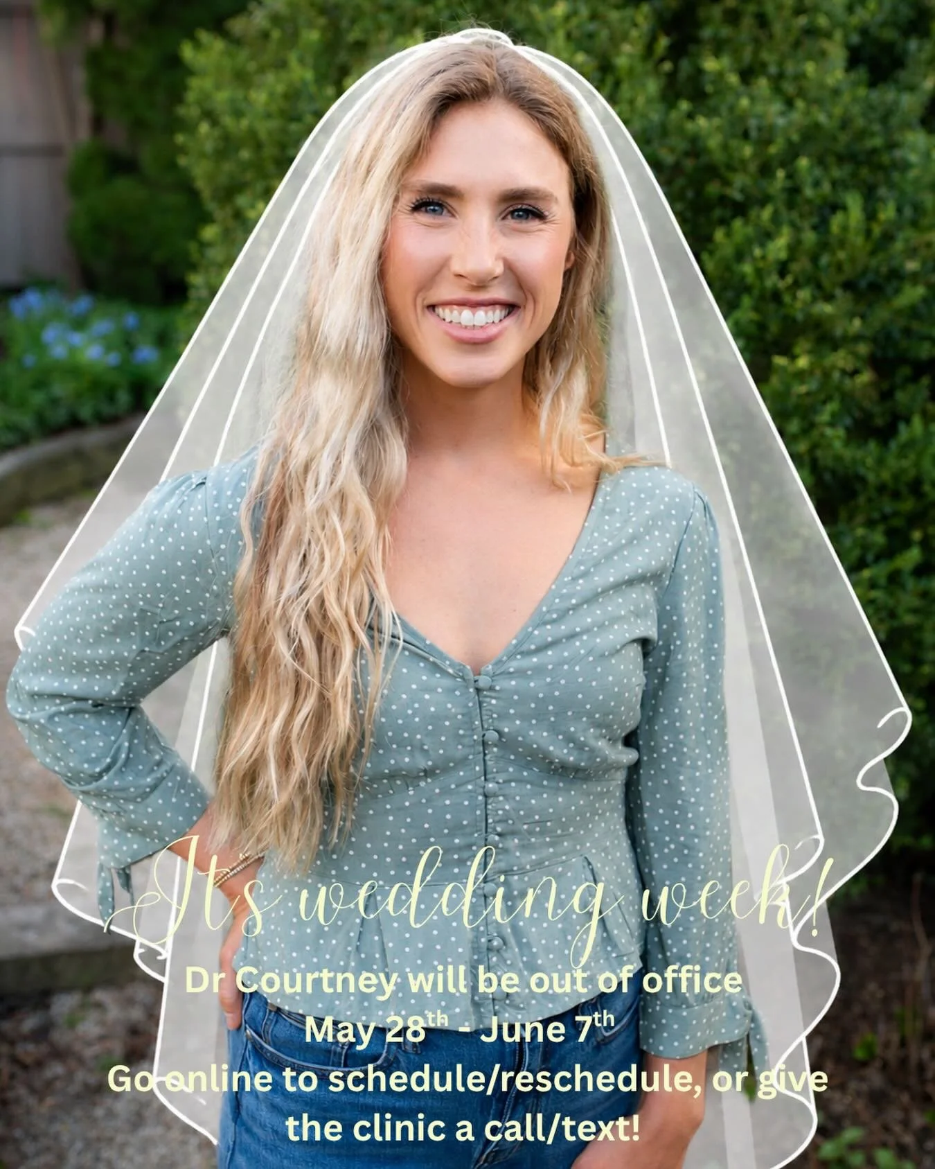 It&rsquo;s wedding week! Dr. Courtney will be out of clinic today May 28th through June 7th for her wedding this weekend and honeymoon afterwards. Her and Myles will be soaking up fresh mountain air exploring Jackson Hole. We encourage you to use the