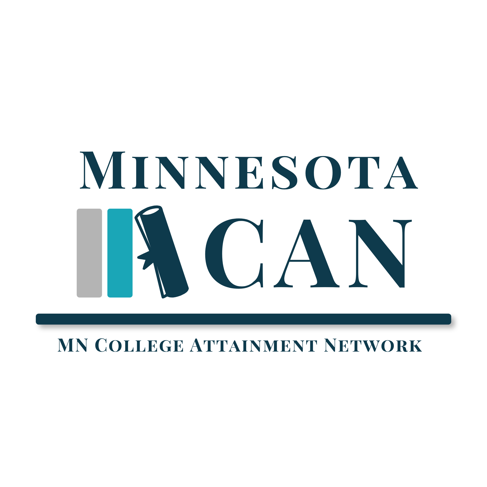 Logo for Minnesota College Attainment Network with stylized books and text in shades of blue and gray.