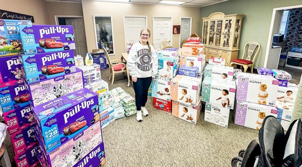 7,441 diapers, 1,826 pull ups, 141 packs of wipes, and other baby hygiene products donated to our parenting ministry by Izzy for OBA's Leap for Joy Community Service Project.