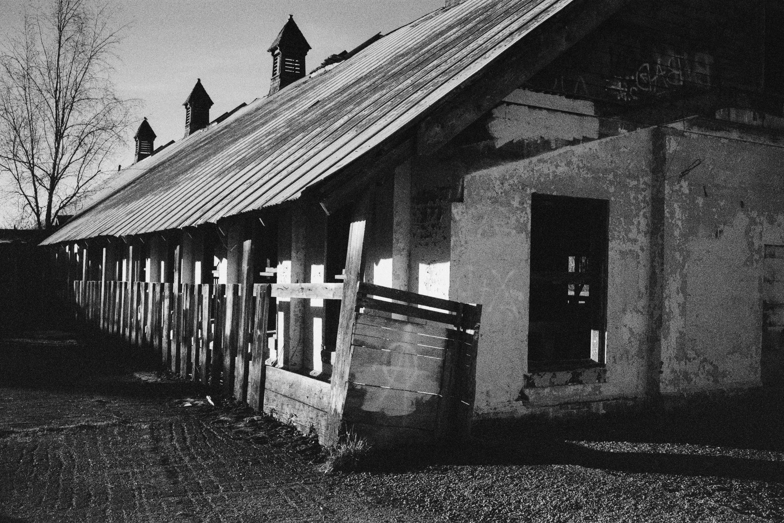 An abandoned building with peeling paint, missing window panes, and a sloped metal roof, next to a weathered wooden fence, with leafless trees in the background, captured in black and white.