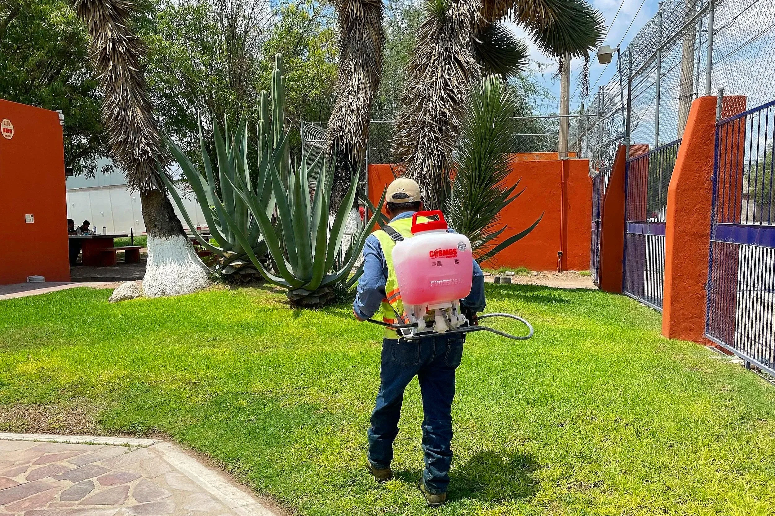 Persona rociando plantas con un tanque de pulverización en un área verde cercada con árboles y plantas decorativas.