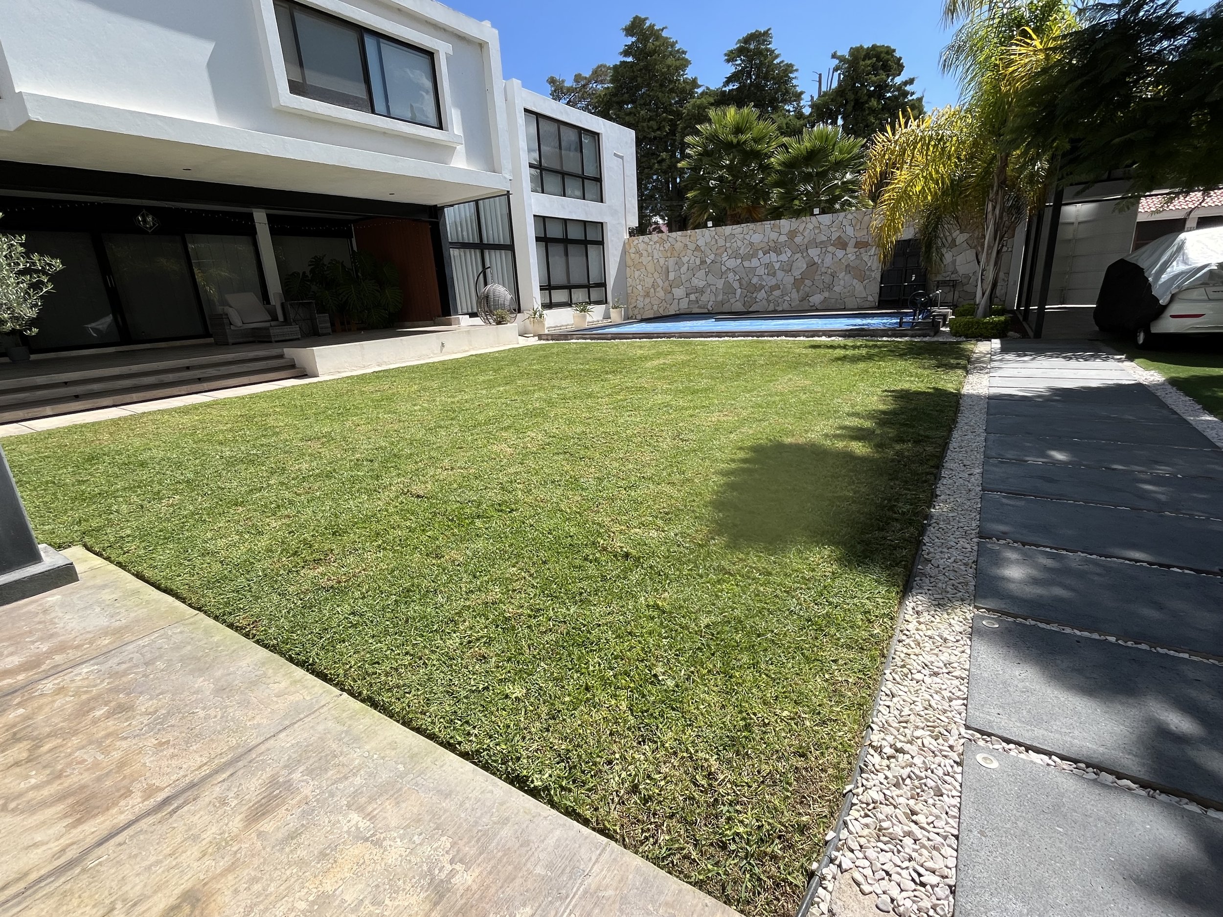 Jardín con césped, camino de piedra y piscina en fondo, casa moderna con terraza y ventanas amplias, árboles y plantas tropicales.
