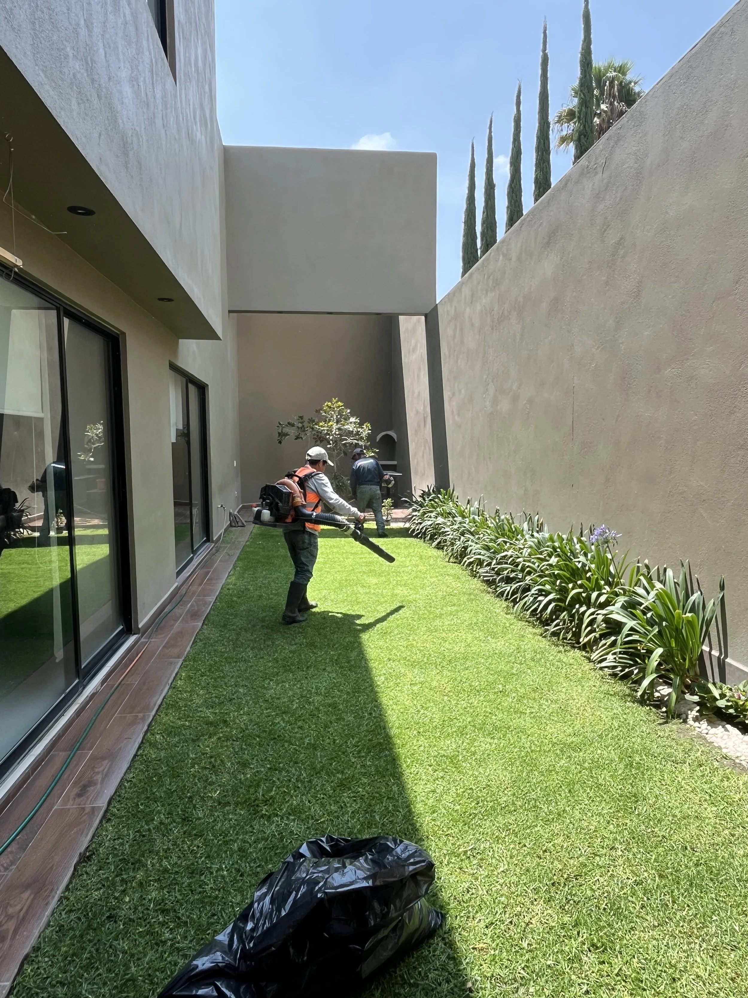 Personas trabajando en jardinería en un patio con césped verde, plantas y paredes grises en una casa moderna, bajo cielo despejado.