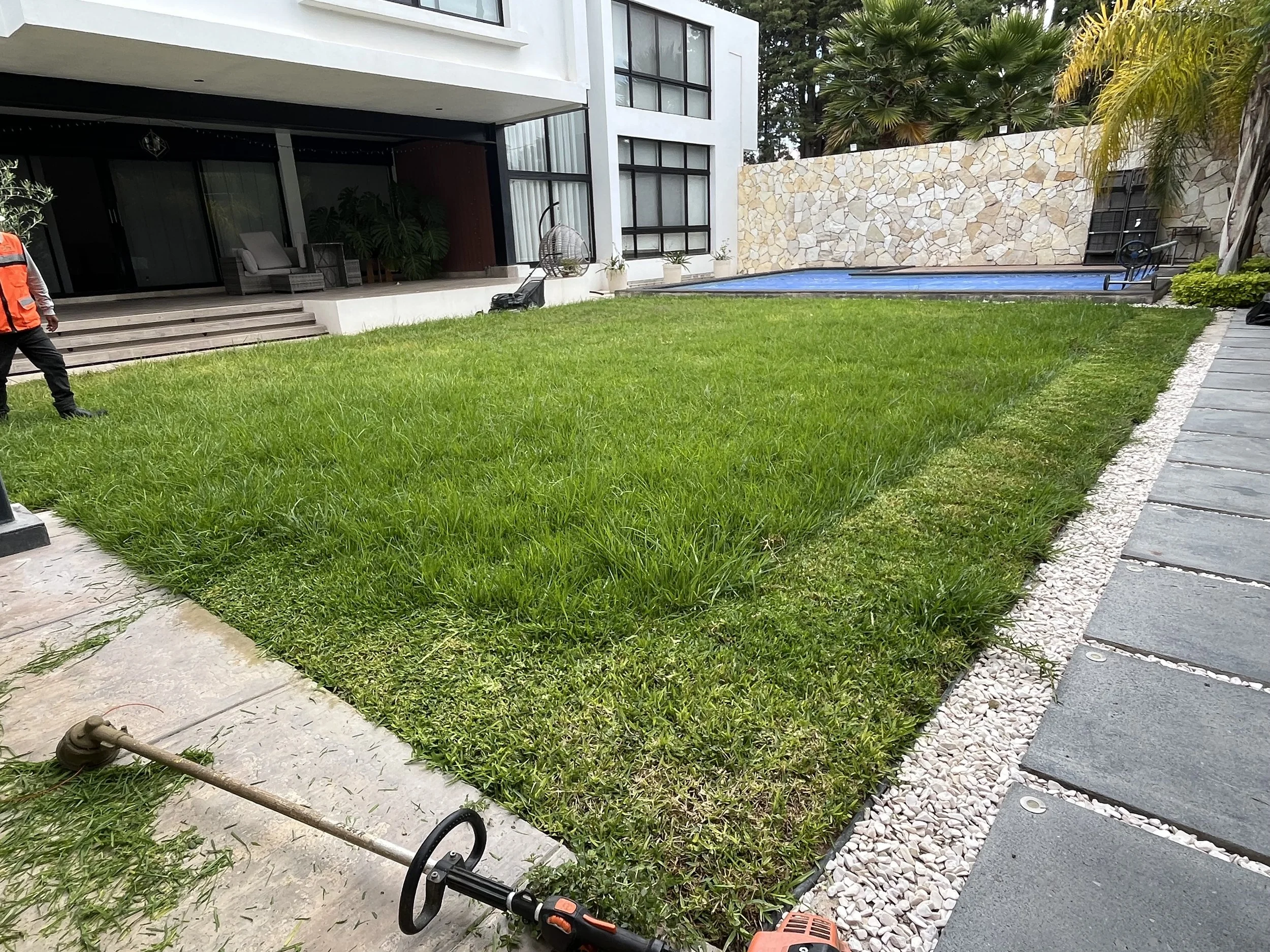 Jardín con césped verde en el patio trasero de una casa moderna, con una piscina y una pared de piedra en el fondo, y herramientas de jardinería en primer plano.