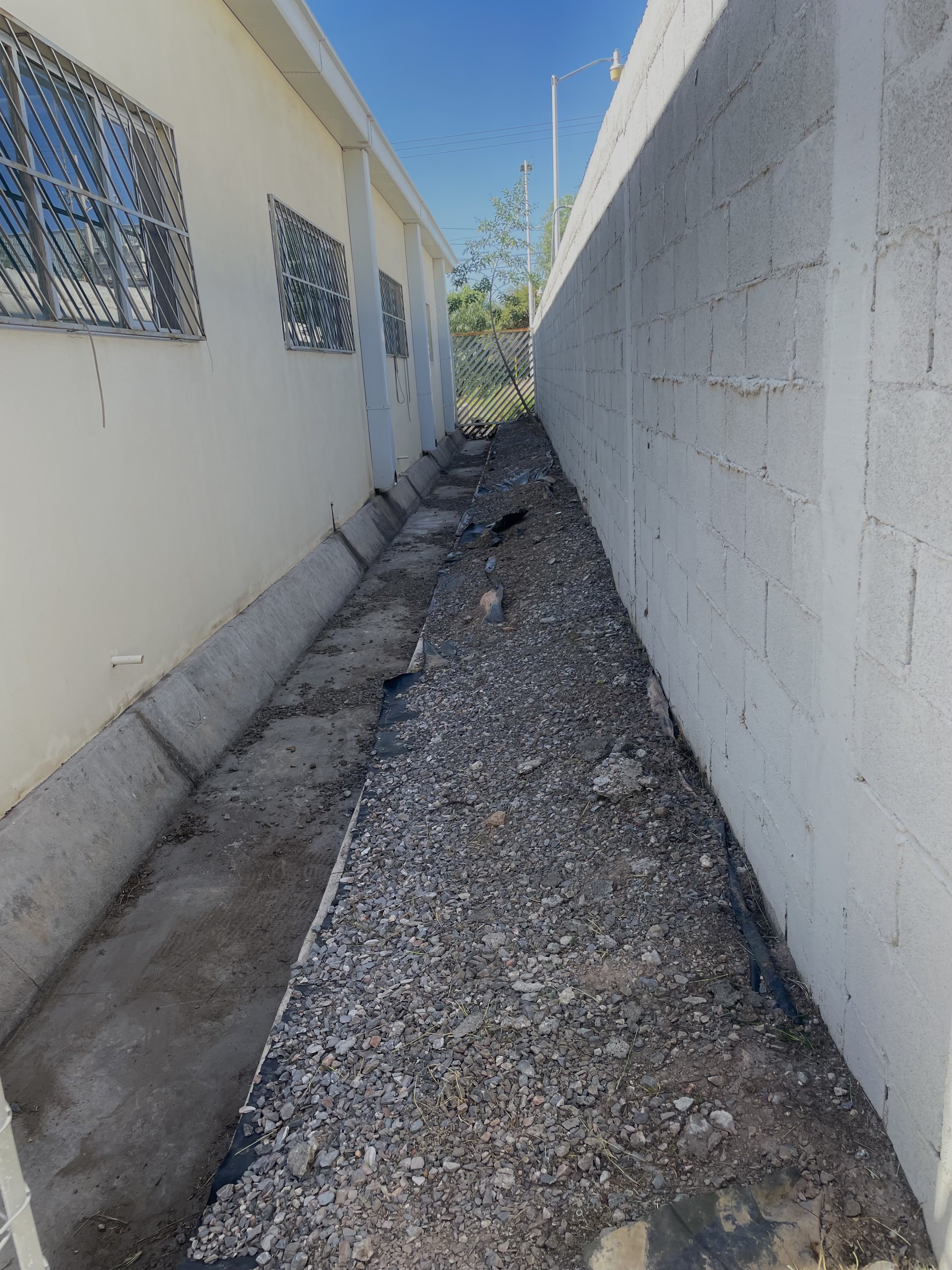 Camino en construcción entre una pared de bloques de cinder y una casa con ventanas de reja. El camino está en proceso de pavimentación con excavación y materiales de construcción visible.