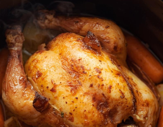 Cooked whole chicken with crispy skin surrounded by sausages, steaming.