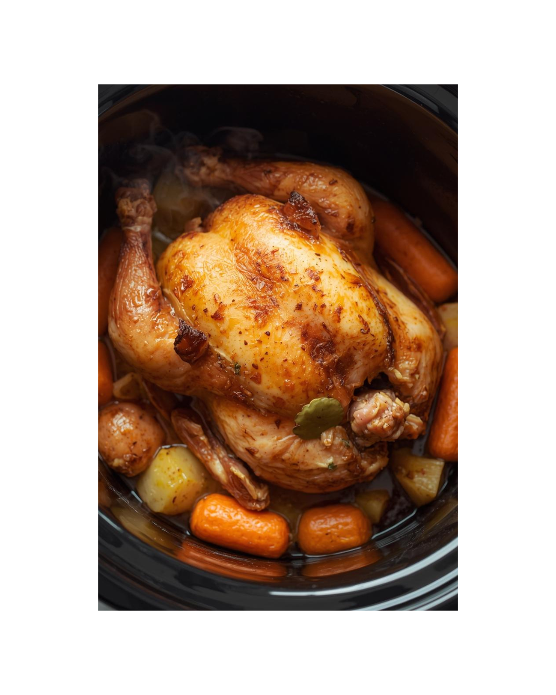 Cooked whole chicken with roasted carrots, potatoes, and herbs in a black slow cooker.