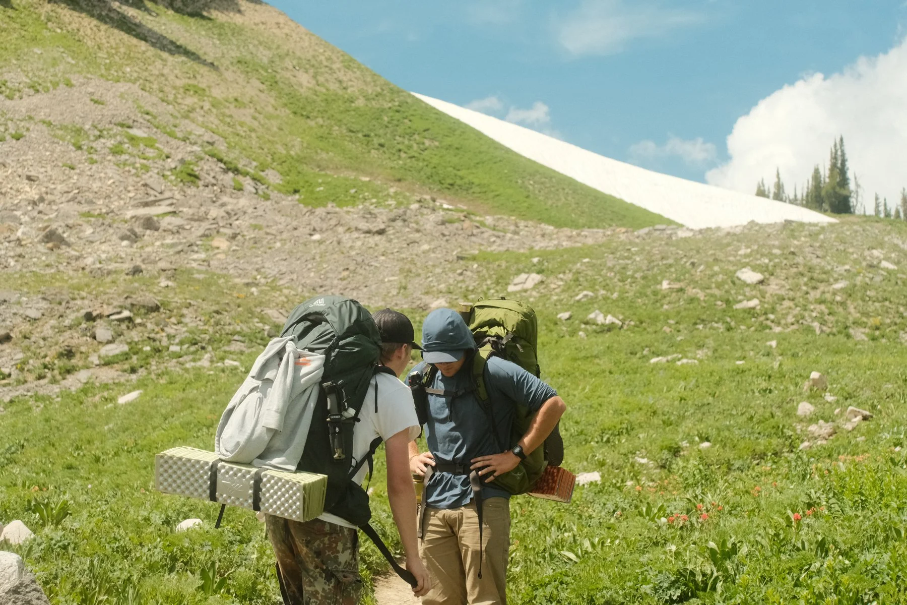 Two hikers with backpacks stand on a grassy trail in a mountainous area, looking at something on the ground.