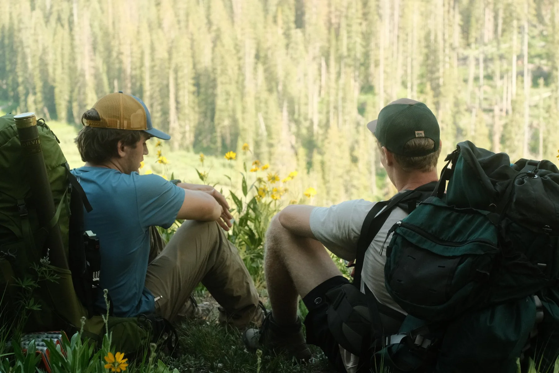 Two hikers sitting on grass near a lake with a forested background, carrying backpacks and wearing caps.