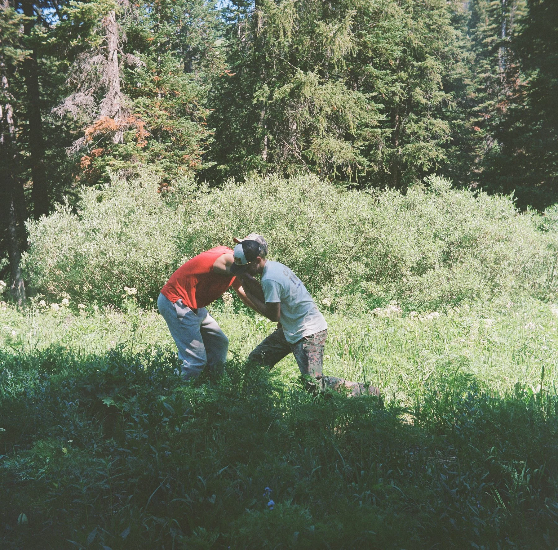 Two boys wrestling or playing a game together in a grassy, wooded outdoor area.