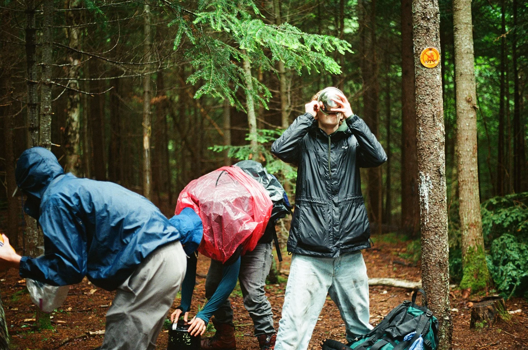 Group of hikers in a forest, one person wearing a rain jacket and helmet, others with backpacks, preparing for a hike in a wooded area.