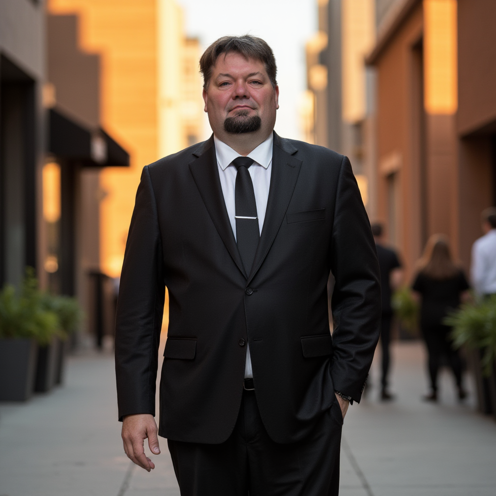 A man in a black suit and tie walking outdoors in an urban setting with buildings and blurred pedestrians in the background.