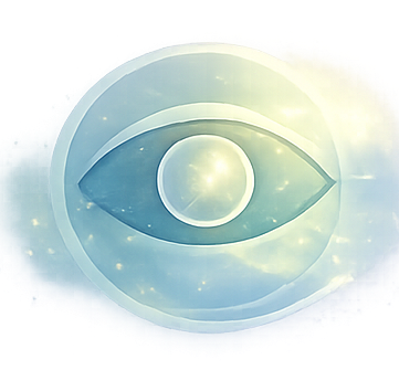 A stylized eye with a glowing center and a circular pattern around it, with a dreamy, cloudy background.