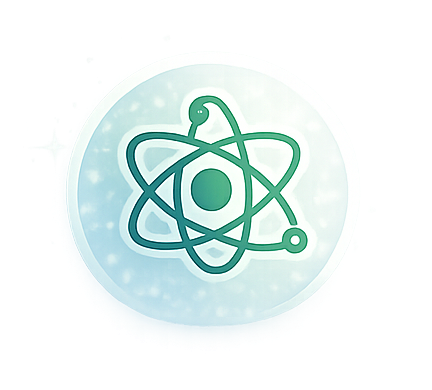 Illustration of an atom with a nucleus and orbiting electrons, enclosed in a circular glow.