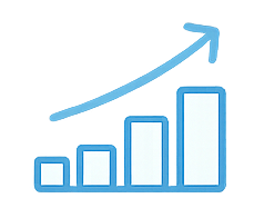 Blue bar chart with increasing heights and an upward pointing arrow indicating growth or progress