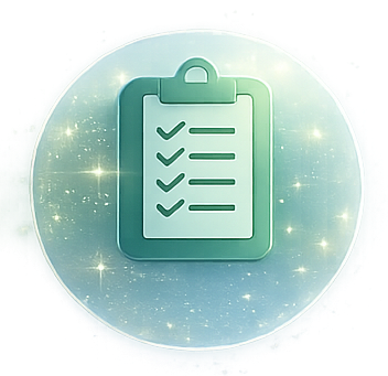 Illustration of a checklist on a clipboard with check marks, surrounded by a glowing, sparkly background.