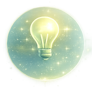 A glowing light bulb surrounded by a soft glowing circle with sparkles.