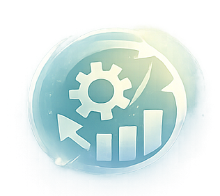 A digital illustration of a gear, an upward arrow, and a bar chart inside a circular border, indicating growth, progress, or settings.