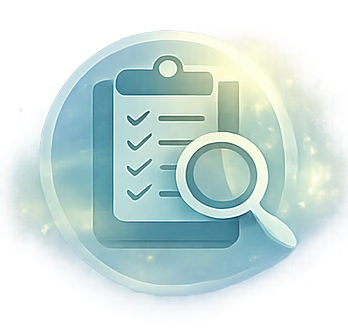 Illustration of a clipboard with checkmarks and a magnifying glass, representing review or inspection.