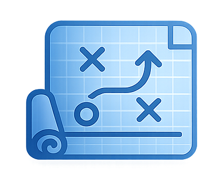 Blueprint diagram of a strategy, showing a playbook with a game plan including crossed paths and an arrow indicating movement.