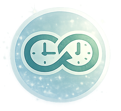 A graphic of two clocks and an infinity symbol, symbolizing timelessness or infinite time.