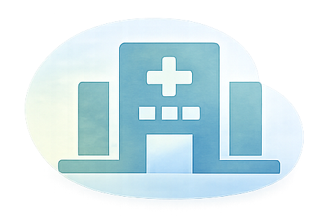 Hospital building with a cross symbol on the front, depicted in a stylized, minimalistic design.
