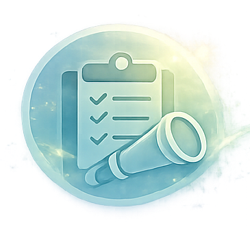 Icon of a clipboard with checkmarks and a magnifying glass.