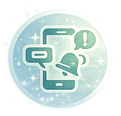 Icon of a smartphone with chat, alert, and notification symbols inside a circular background with sparkles.