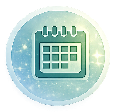 Icon of a calendar, surrounded by a glowing circular background with star-like sparkles.